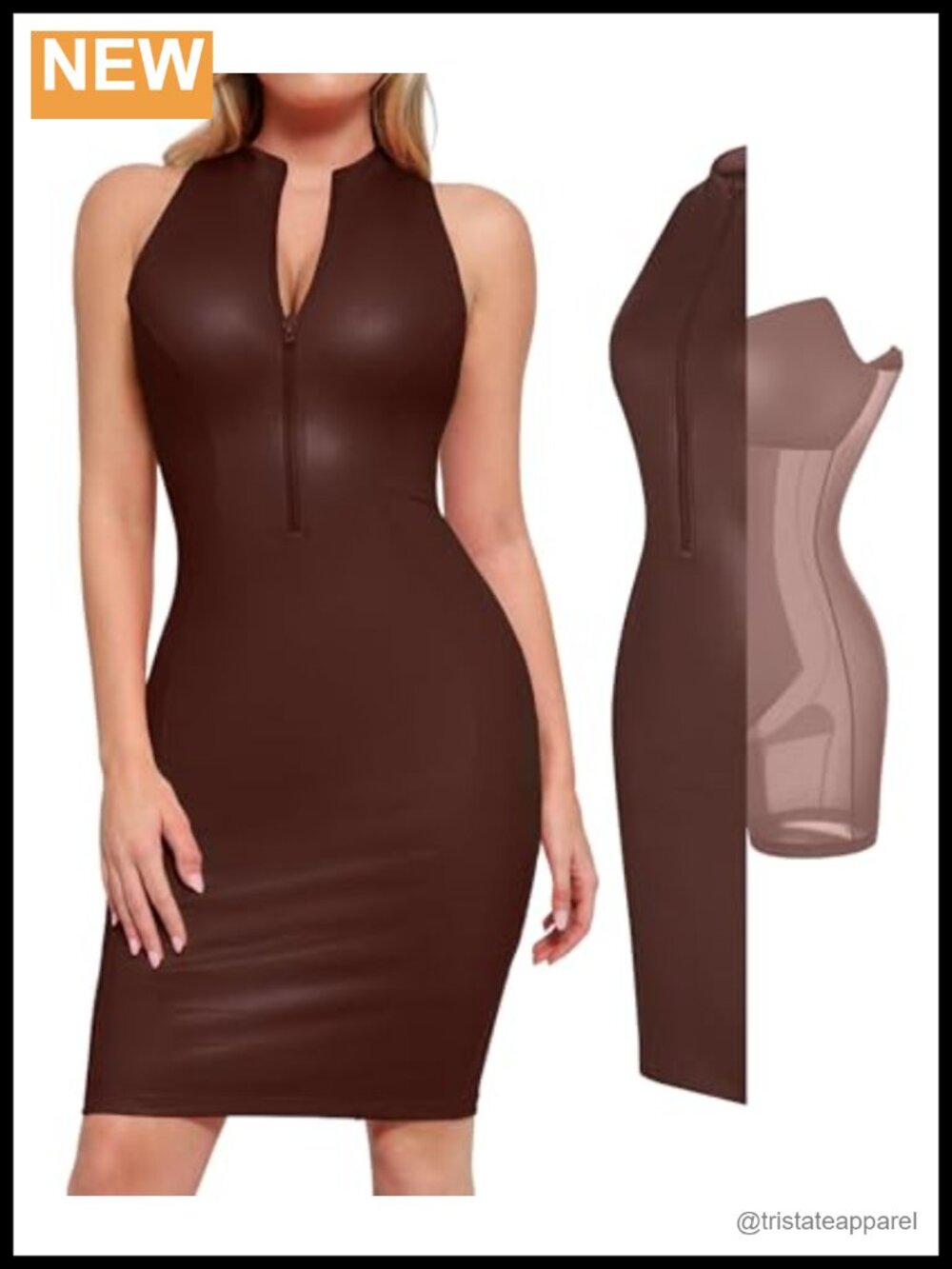 Faux Leather Bodycon Midi Dress Built-in Shapewear Party